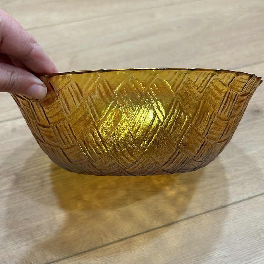 Vintage Marigold Carnival Glass Indiana Weavetex Basket Weave Bowl